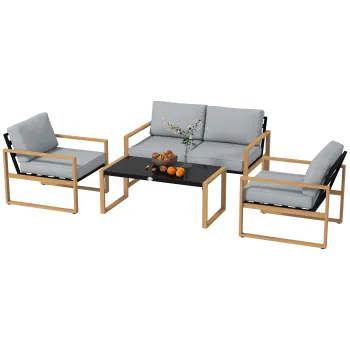 Outsunny Set Mobilier de Gradina din 4 Piese, cu Canapea de 2 Locuri, 2 Fotolii si Masuta de Cafea, 123.5x75x73 cm, Gri | Aosom Romania imagine