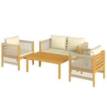 Outsunny Set mobilier de gradina din lemn pentru 4 persoane cu canapea 2 locuri, 2 fotolii, masa, impletitura din franghie, design cu lamele, perne lavabile | Aosom Romania imagine