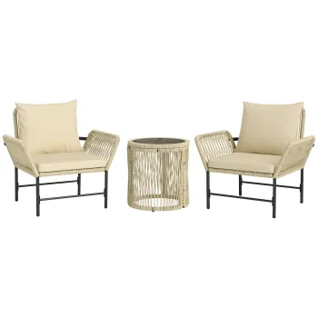 Outsunny Set mobilier de gradina din Polyrattan, mobilier outdoor pentru balcon pentru 2 persoane, 3 piese cu 2 scaune, masuta laterala, perne | Aosom Romania imagine