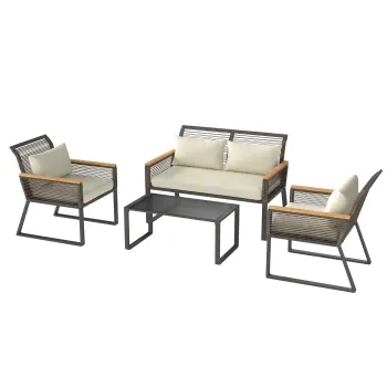 Outsunny Set mobilier de gradina din polyrattan pentru 4 persoane, rezistent la intemperii, set balcon cu canapea 2 locuri, 2 scaune, masa cu sticla, perne Bej | Aosom Romania imagine