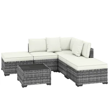Outsunny Set Mobilier de Gradina din Ratan, 6 Piese, Fotoliu Coltar, Canapele fara Brate, Suporturi pentru Picioare si Masuta, Gri Amestecat | Aosom Romania imagine