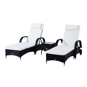Outsunny Set Mobilier de Gradina din Ratan Negru cu Masuta si 2 Sezlonguri Exterior cu Saltele Captusite Confortabile 200x73x103cm | Aosom Romania imagine