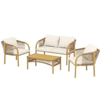 Outsunny Set mobilier de gradina exterior 4 piese cu canapea 2 fotolii masa perne, otel rasina impletita, 120x72x73cm, Kaki | Aosom Romania imagine
