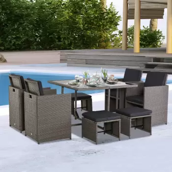 Outsunny Set Mobilier de Gradina Extern 9 bucati Masa cu 4 Scaune 4  Taburet in Rattan, Maro imagine