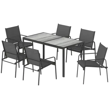Outsunny Set mobilier de gradina - grup de sezut cu masa 150 x 80cm si 6 scaune respirabile, aspect lemn, cadru din otel, Negru | Aosom Romania imagine