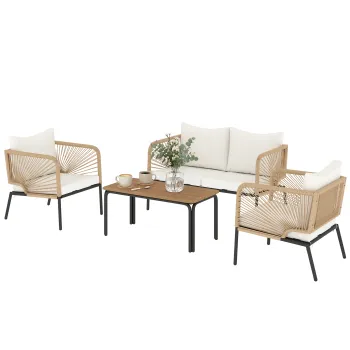 Outsunny Set mobilier de gradina, grup de sezut pentru 4 persoane, lounge cu sofa 2 locuri, 2 fotolii, masa cu lamele, impletitura tip sfoara, perne lavabile | Aosom Romania imagine