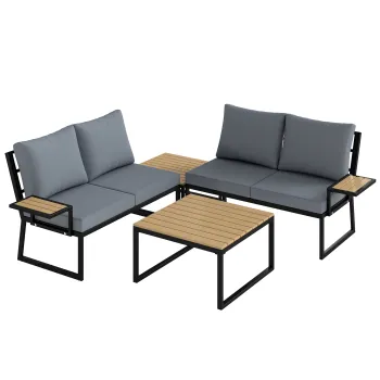 Outsunny Set mobilier de gradina in forma L, cadru metalic, pentru 4 persoane, lounge cu canapea 2 locuri si perne, 2 masute suprapuse, Teak | Aosom Romania imagine