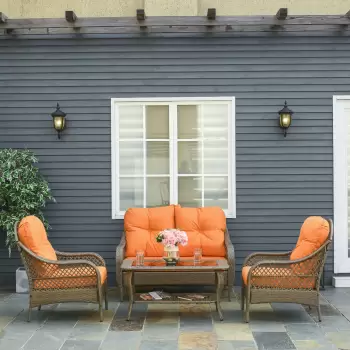 Outsunny Set Mobilier de Gradina in Ratan PE cu 2 fotolii si Masa cu Perne, Culoare Kaki si Portocaliu imagine