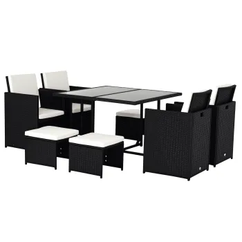 Outsunny Set Mobilier de Gradina incorporabil 8 persoane 9 piese rasina impletita 4 fire imitatie rachita Negru Perne detasabile crem | Aosom Romania imagine