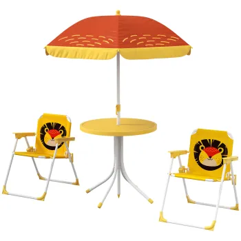 Outsunny Set mobilier de gradina pentru copii 4 piese motiv de leu cu umbrela reglabila O 100 cm scaun pliabil galben | Aosom Romania imagine
