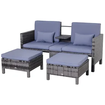Outsunny Set Mobilier de Gradina, Scaun de Grup, 3 Piese, Canapea de Exterior, 2 Taburete, 2-5 Persoane, Perne de sezut, Ratan, gri | Aosom Romania imagine