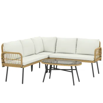 Outsunny Set mobilier din Polyrattan 4 piese, set lounge cu canapea de colt canapea dubla masa din sticla perne detasabile pana la 5 persoane | Aosom Romania imagine