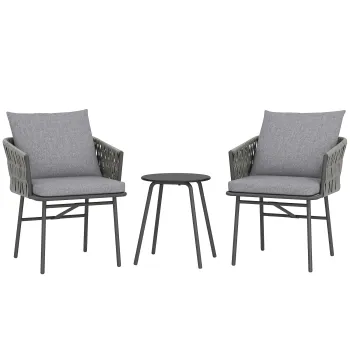 Outsunny Set mobilier exterior 3 piese, 2 scaune, 1 masa, set bistro, rattan sintetic, cadru din otel, masa metalica, 4 perne, gri | Aosom Romania imagine