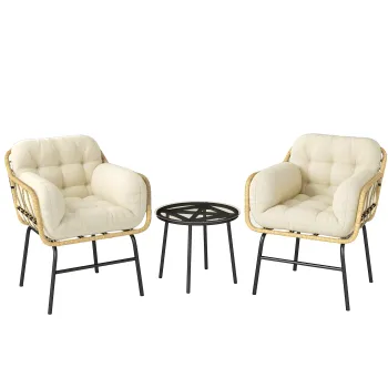 Outsunny Set mobilier exterior 3 piese din rasina impletita, masa din sticla securizata, 2 fotolii cu perne, 62x73x79cm, Kaki | Aosom Romania imagine