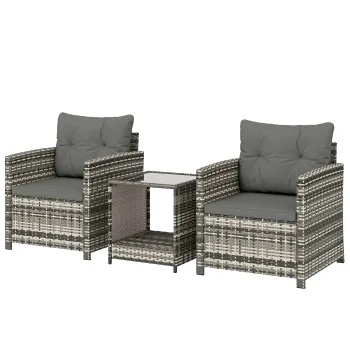 Outsunny Set mobilier exterior 3 piese din rasina impletita, masa si 2 fotolii cu perne, 62x65x75 cm, Gri deschis | Aosom Romania imagine