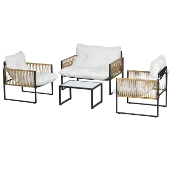 Outsunny Set mobilier gradina 4 piese canapea 2 locuri 2 fotolii si 1 masuta blat din sticla securizata 3 perne - crema | Aosom Romania imagine