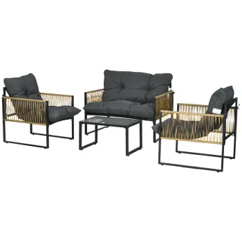 Outsunny Set mobilier gradina 4 piese canapea 2 locuri 2 fotolii si 1 masuta blat din sticla securizata 3 perne - gri | Aosom Romania imagine