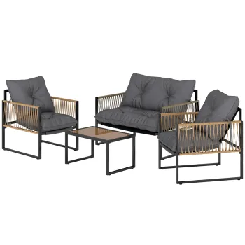 Outsunny Set mobilier gradina, 4 piese, canapea, 2 scaune, masa cu blat din sticla, cadru metalic, polyratan, antracit | Aosom Romania imagine