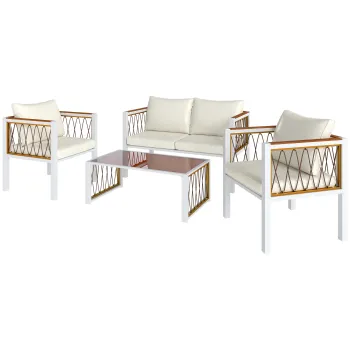 Outsunny Set mobilier gradina 4 piese Polyrattan lounge cu canapea 2 locuri, 2 fotolii, masa cu sticla, perne detasabile, saltea antiderapanta | Aosom Romania imagine