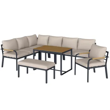 Outsunny Set mobilier gradina 7 piese Coltar modular exterior cu masa WPC si pouf bej si gri | Aosom Romania imagine