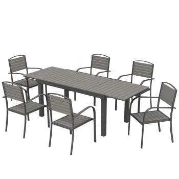 Outsunny Set mobilier gradina 7 piese Masa extensibila cu 6 scaune Design lamele aspect lemn Cadru aluminiu | Aosom Romania imagine