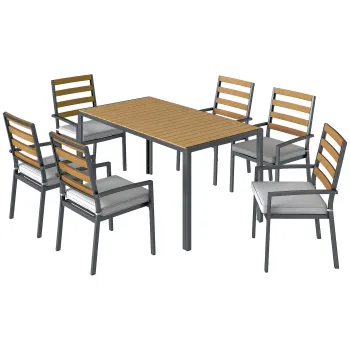 Outsunny Set mobilier gradina 7 piese, set cu 1 masa de dining, 6 scaune, perne, pentru terasa, lemn natural | Aosom Romania imagine