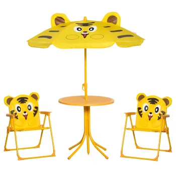 Outsunny Set Mobilier Gradina Copii 4 piese Design Tigrul: Masa rotunda, 2 scaune pliante, umbrela, metal epoxid galben | Aosom Romania imagine