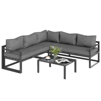 Outsunny Set Mobilier Gradina cu Canapea 3 Locuri, Scaun Adjustable, Set Canapele Exterior cu Masa Laterala si Perne, Aluminiu Gri | Aosom Romania imagine