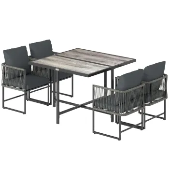 Outsunny Set mobilier gradina din polyrattan 5 piese, economisire de spatiu, set cu masa si 4 scaune, blat DPC, perne, gri | Aosom Romania imagine