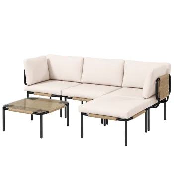 Outsunny Set mobilier gradina din polyrattan 5 piese Set lounge cu 3 fotolii masa cu sticla taburet scaune late si adanci perne detasabile | Aosom Romania imagine