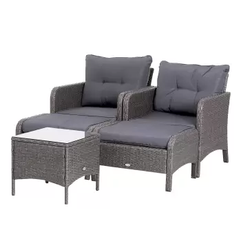 Outsunny Set Mobilier Gradina din Ratan 5 Piese 2 Fotolii Terasa 2 Pouf si Masa de Cafea in sticla cu Perne Decorative, 46x46x42cm Culoare Gri imagine
