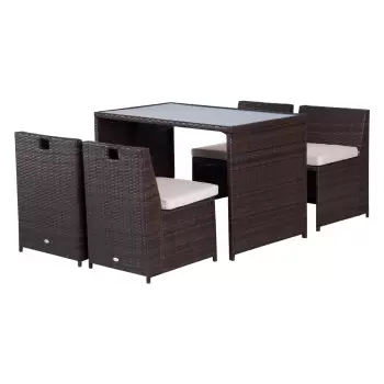 Outsunny Set Mobilier Gradina din Ratan 5 Piese cu Masa de Pranz si 4 Scaune Terasa, inclus Perne 120x69x77,5cm, Culoare Maro | Aosom.ro  imagine