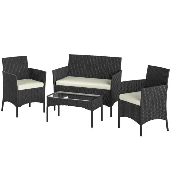 Outsunny Set Mobilier Gradina din Ratan Sintetic cu Canapea, Fotolii si Masa din Sticla Securizata si Perne Negru si Crem | Aosom Romania imagine