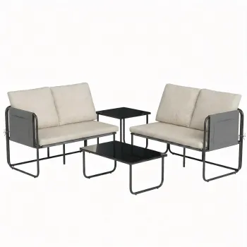 Outsunny Set Mobilier Gradina Exterior 4 Piese cu 2 Canapele 2 Locuri 2 Mese din Sticla Perne Huse Detasabile si Buzunare Kaki | Aosom Romania imagine