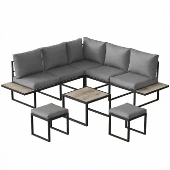 Outsunny Set mobilier gradina exterior 6 persoane modulabil masa de cafea si blaturi laterale din lemn PSPC perne groase 10cm gri | Aosom Romania imagine