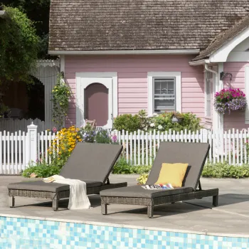 Outsunny Set Mobilier Gradina pentru Exterior cu 2 Sezlong din PE Ratan cu Perna Captusita, 196x65x22cm Culoare Gri | Aosom.ro  imagine