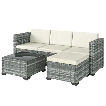 Outsunny Set mobilier gradina Polyrattan 5 piese, set lounge cu coltar, taburet, masa si perne pentru sezut si spate Gri+CremeweiSs | Aosom Romania imagine