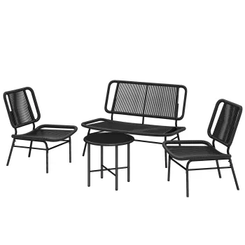 Outsunny Set Mobilier Gradina Ratan 4 Piese, Canapea pentru Exterior cu Masuta Metalica, Negru | Aosom Romania imagine