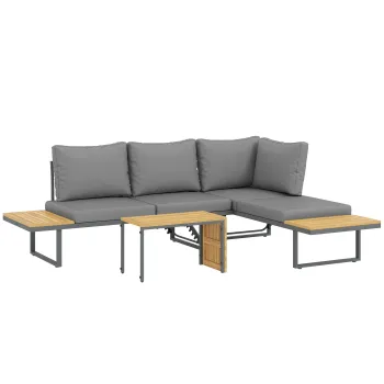 Outsunny Set modular de mobilier de gradina din lemn de acacia 6 locuri, coltar cu masa, gri | Aosom Romania imagine