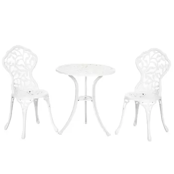 Outsunny Set pentru gradina 3 bucati din aluminiu alb cu design floral, 2 scaune pentru exterior 45x42x85.5 cm si masa rotunda O61x66.5 cm | AOSOM RO imagine