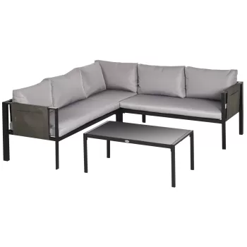 Outsunny Set pentru gradina 4 bucati cu 2 canapele 2 locuri, fotoliu de colt si masuta de cafea din geam securizat, gri si negru | AOSOM RO imagine