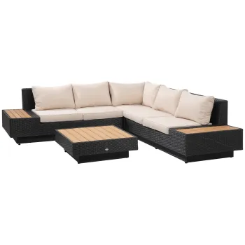 Outsunny Set Salon de Gradina 4 Piese din Ratan, Canapea de Exterior Coltar cu Perne, Masute Laterale si Masa de Cafea, Negru | AOSOM RO imagine