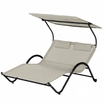 Outsunny Sezlong cu acoperis, perna si roti, otel si poliester crema | Aosom Romania imagine