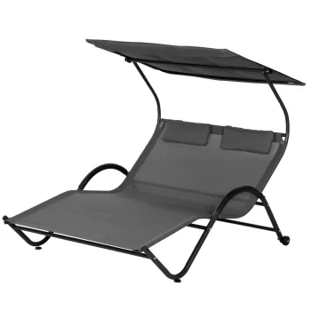 Outsunny Sezlong de exterior pentru gradina cu acoperis parasolar, gri inchis | AOSOM RO imagine