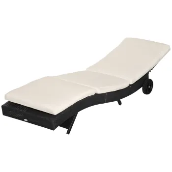 Outsunny Sezlong de Gradina din Ratan PE, Pat Sezlong cu Spatar Reglabil si Perna Captusita, 207x70x70cm, Negru imagine