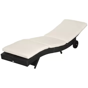 Outsunny Sezlong de Gradina din Ratan PE, Pat Sezlong cu Spatar Reglabil si Perna Captusita, 207x70x70cm, Negru imagine