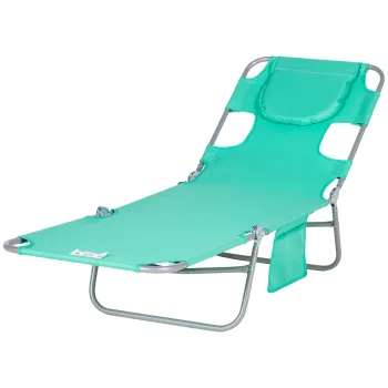 Outsunny Sezlong de gradina, fotoliu cu orificiu pentru fata captusit, saltea de masaj pentru exterior, buzunar lateral, material textil, metal, Grun | Aosom Romania imagine