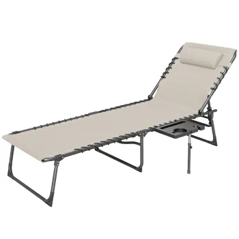 Outsunny Sezlong de Gradina Pliabil si Reglabil in 5 Pozitii cu Masuta Laterala, 60x190x31 cm, Alb Crem | Aosom Romania imagine