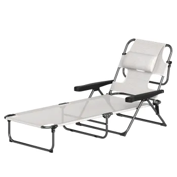 Outsunny Sezlong de gradina pliabil, spatar reglabil pe 4 niveluri, orificiu pentru lectura si suport pentru cap 72 x 194 x 89 cm crem | Aosom Romania imagine