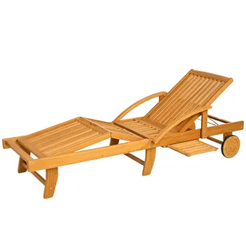 Outsunny Sezlong de gradina pliant din lemn cu masa laterala, role, spatar reglabil in 4 pozitii Teak | Aosom Romania imagine